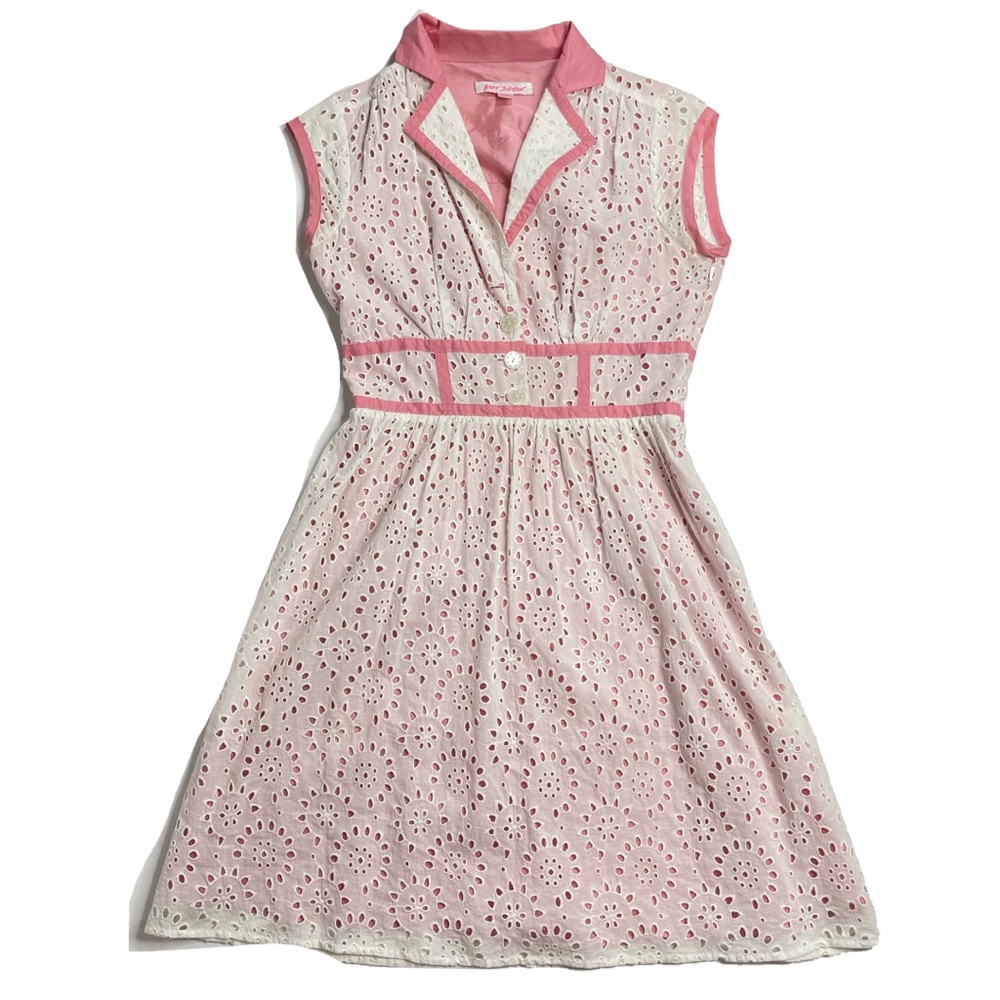 White Pink Eyelet Lace Collared Mini Dress Coquette Summer Betsey Johnson